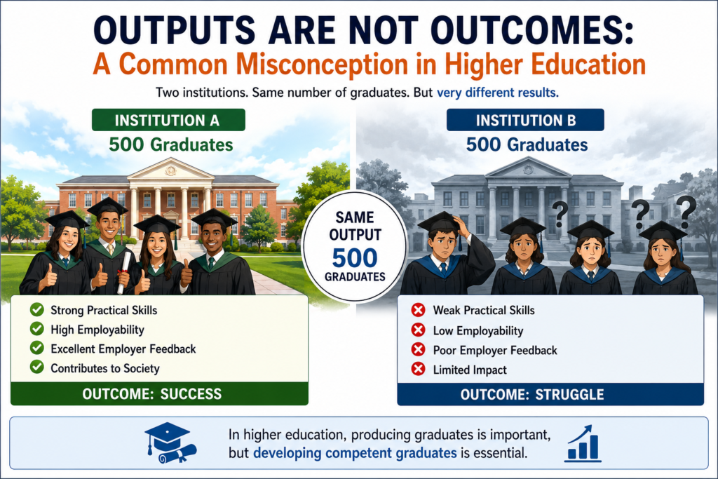 Outputs vs Outcomes infographic for Outcome-Based Education (OBE) in Higher Education