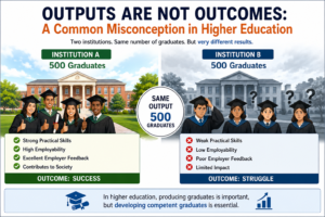 Outputs vs Outcomes infographic for Outcome-Based Education (OBE) in Higher Education