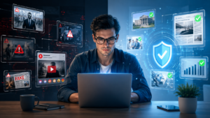 Young professional using AI responsibly to identify fake news, deepfakes, and AI-generated misinformation through AI literacy.