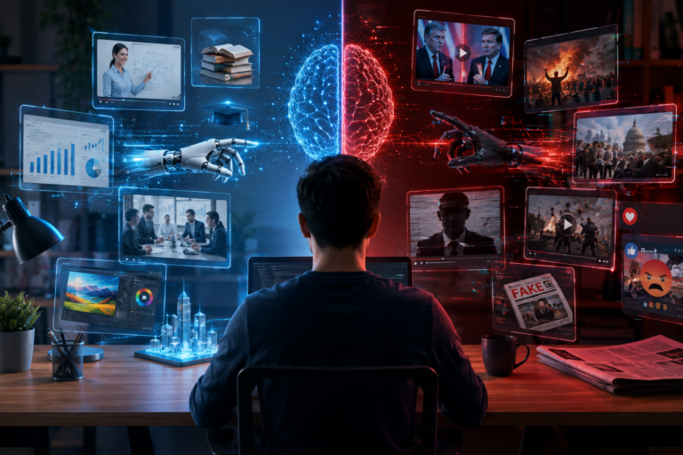 Split-screen illustration showing AI creating educational content and business reports on one side and fake news and deepfakes on the other.