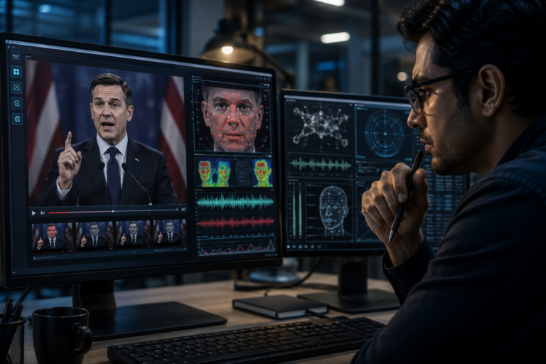 Cybersecurity analyst using AI verification tools to detect a deepfake video and identify manipulated digital content.