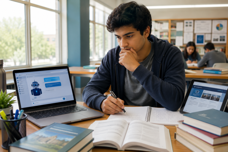 University student comparing AI chatbot responses with textbooks and trusted educational websites before submitting homework.