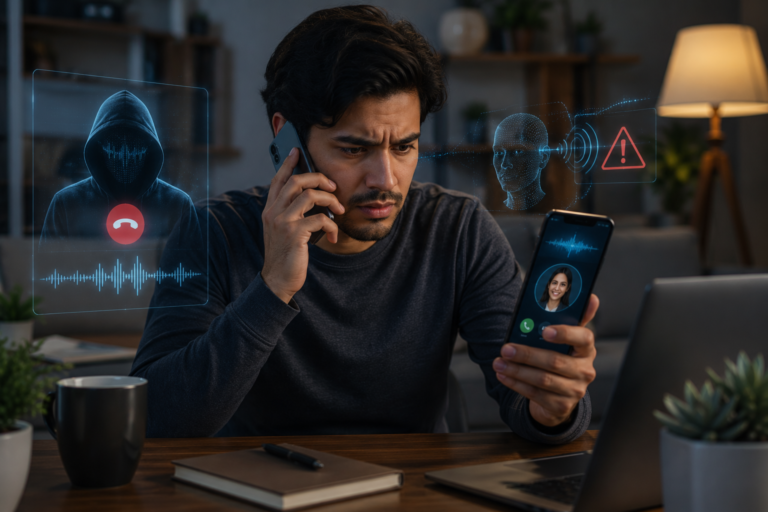 Person verifying a suspicious phone call to avoid an AI voice cloning scam by checking with a trusted family contact.
