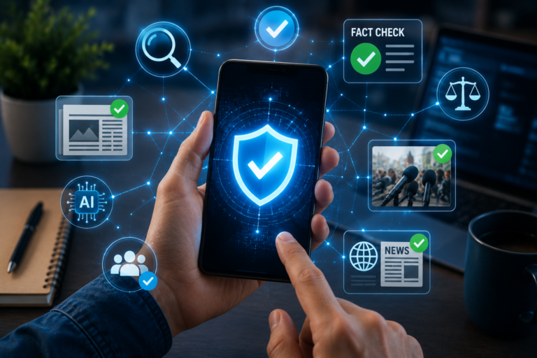 Person holding a smartphone with fact-check symbols and AI verification icons before sharing online information.