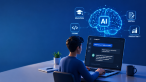 Minimalist illustration of a person using ChatGPT with AI icons representing education, coding, writing, and productivity.