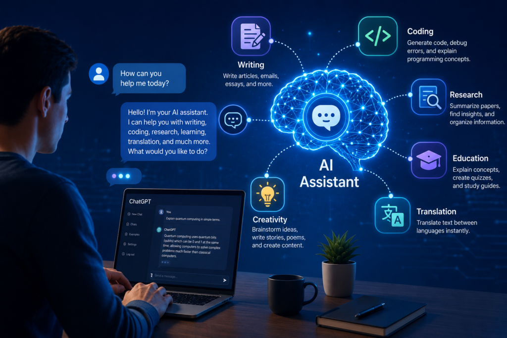Conceptual illustration of a human communicating with an AI assistant through a digital chat interface.
