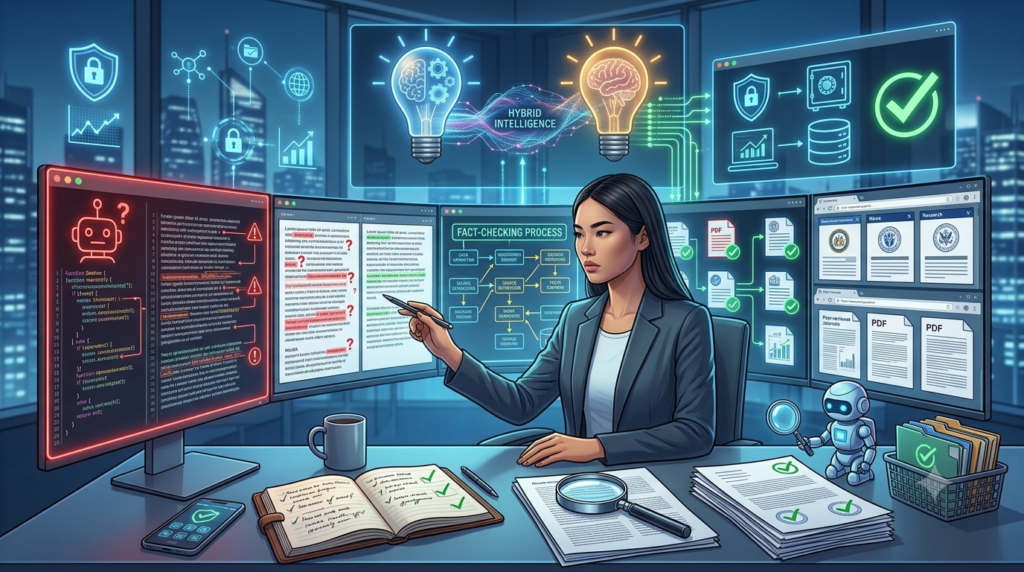 Professional verifying AI-generated information using trusted sources, official documents, and online research before making important decisions.
