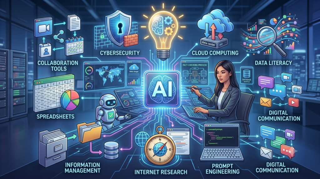 Professional using AI alongside digital skills such as cybersecurity, data literacy, cloud collaboration, and information management in a modern digital workplace.