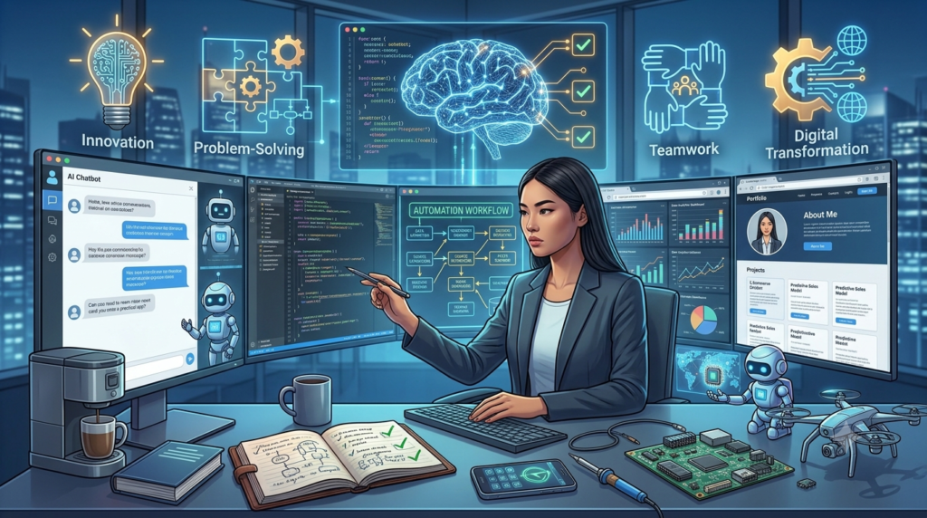 Professional confidently using a small set of AI tools while ignoring dozens of distracting AI applications, emphasizing focused AI learning.