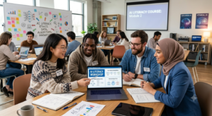 A diverse group of students and professionals engaging in a collaborative AI literacy workshop, analyzing machine learning concepts and ethics on laptops and a whiteboard in a modern classroom.