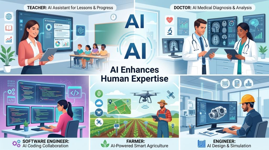 AI assisting doctors, teachers, engineers, and programmers