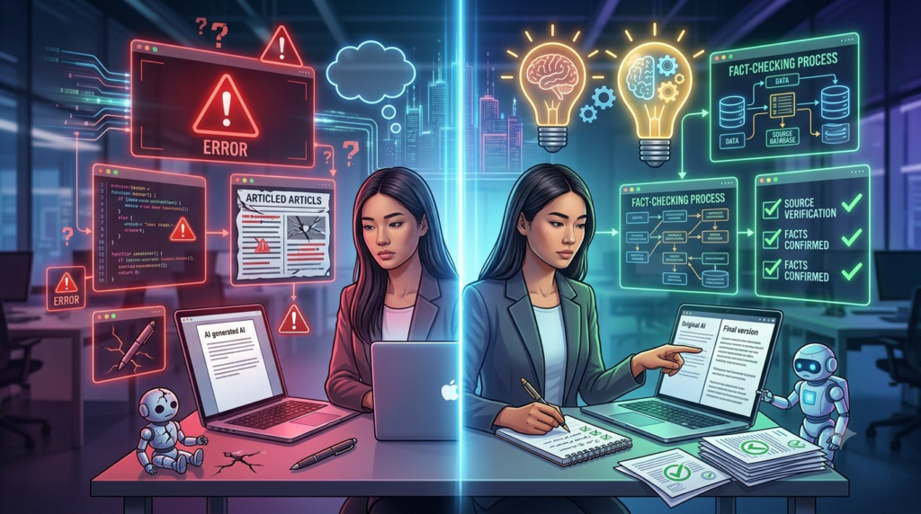 A professional critically reviewing AI-generated content instead of accepting it blindly, demonstrating responsible AI use and independent thinking.