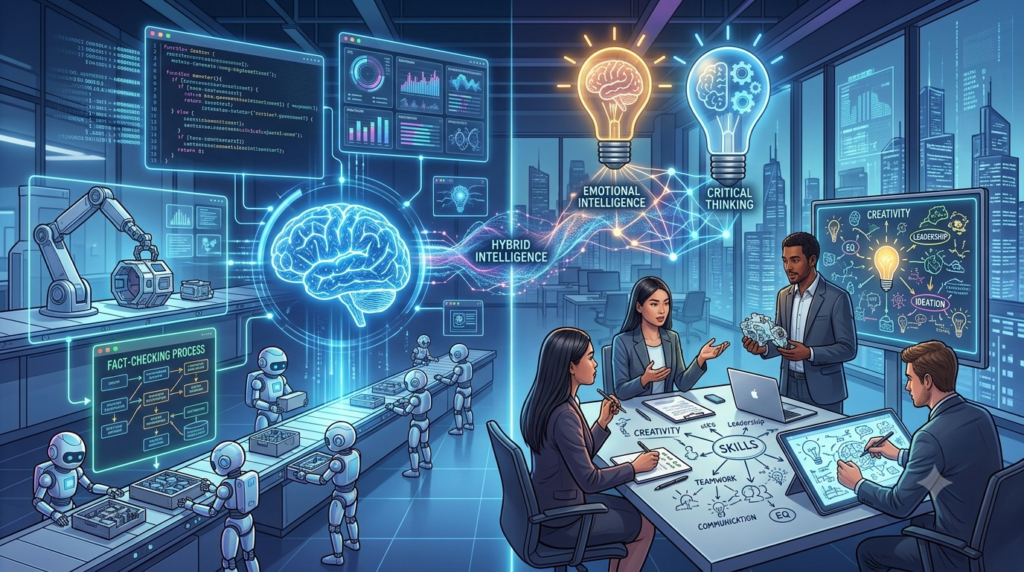 Professional demonstrating leadership, communication, creativity, critical thinking, and teamwork while using AI as a collaborative assistant in the workplace.