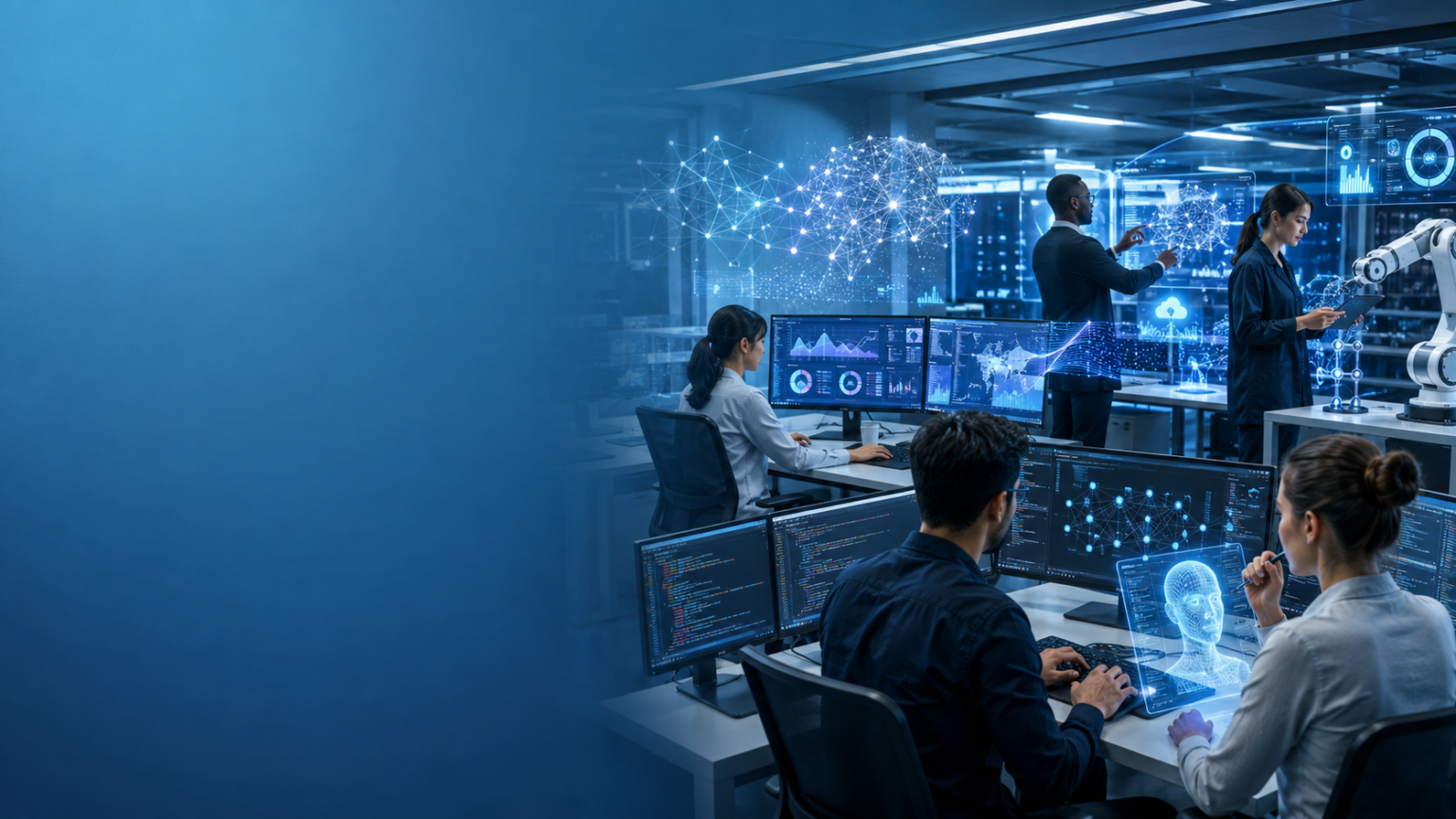 Top AI careers in 2026 featuring AI professionals including AI Engineer, Data Scientist, Machine Learning Engineer, Robotics Engineer, and Prompt Engineer collaborating in a modern technology workspace.