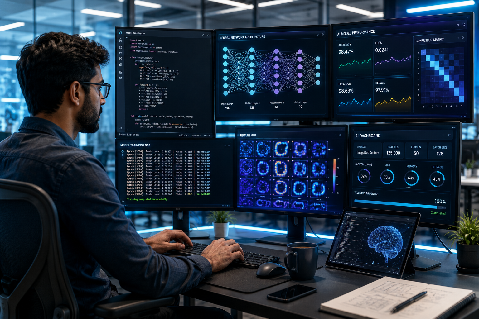 AI Engineer developing machine learning models using Python, neural networks, and AI dashboards in a modern technology office.