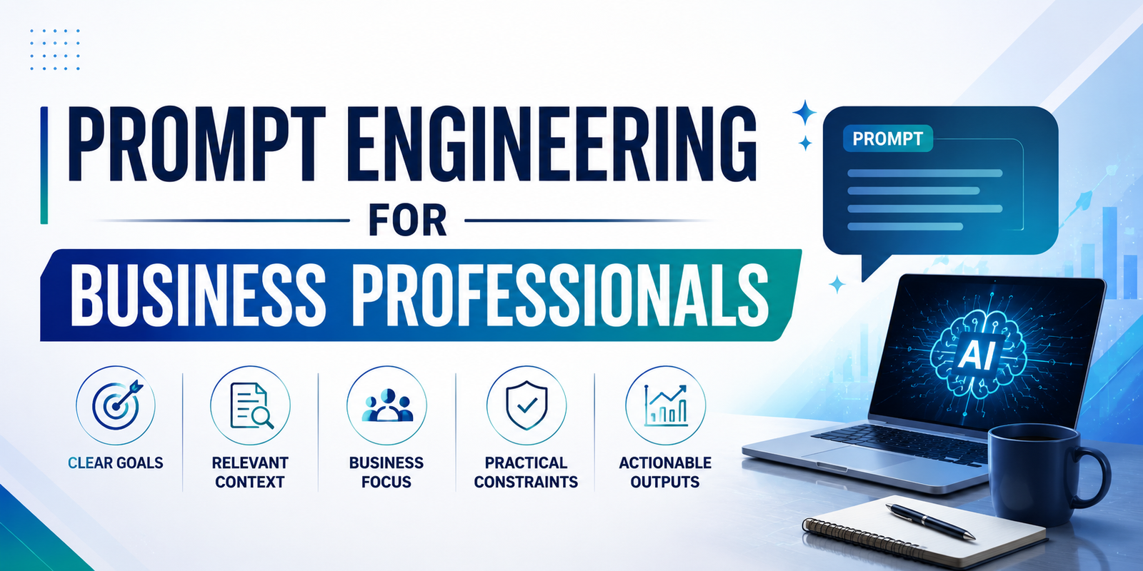 Prompt engineering for managers showing AI applications for meetings, decisions, communication, and planning.
