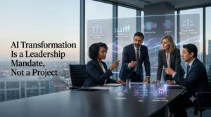 AI transformation as a leadership mandate, showing an executive leading organizational strategy, AI governance, workforce development, and enterprise-wide digital transformation.