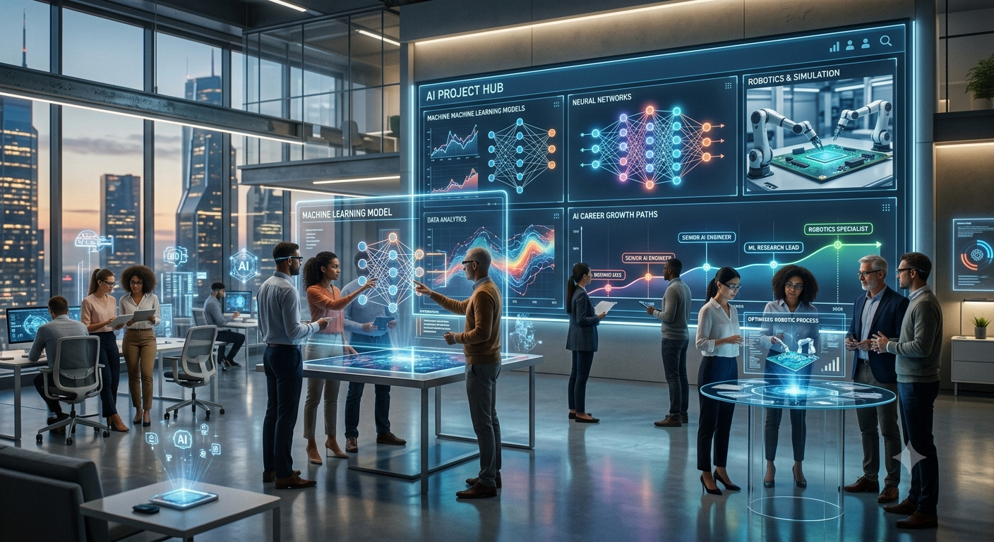 AI professionals collaborating in a modern workplace using machine learning, robotics, data analytics, and neural network technologies in 2026.