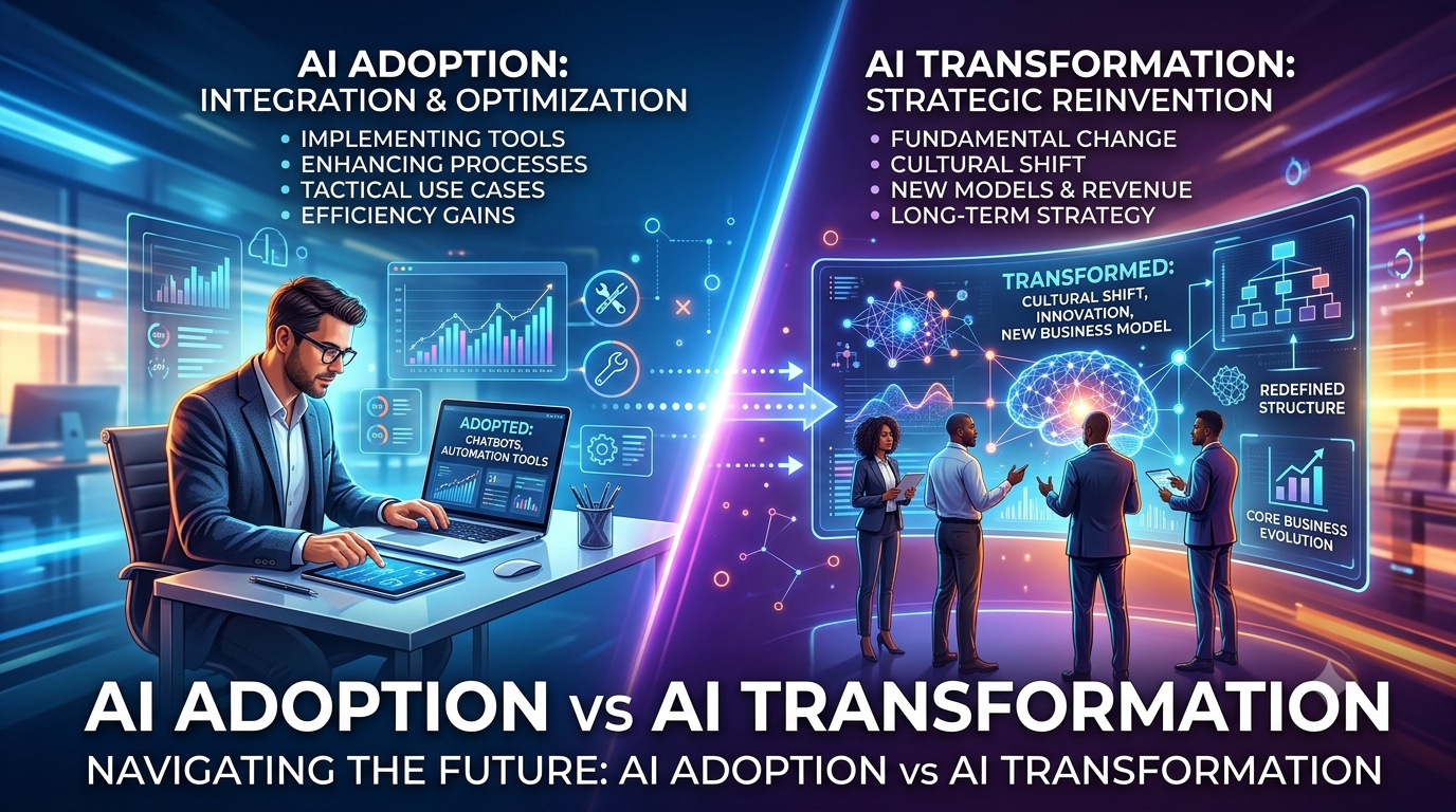 AI adoption vs AI transformation: comparing the use of artificial intelligence tools with organization-wide strategic transformation.