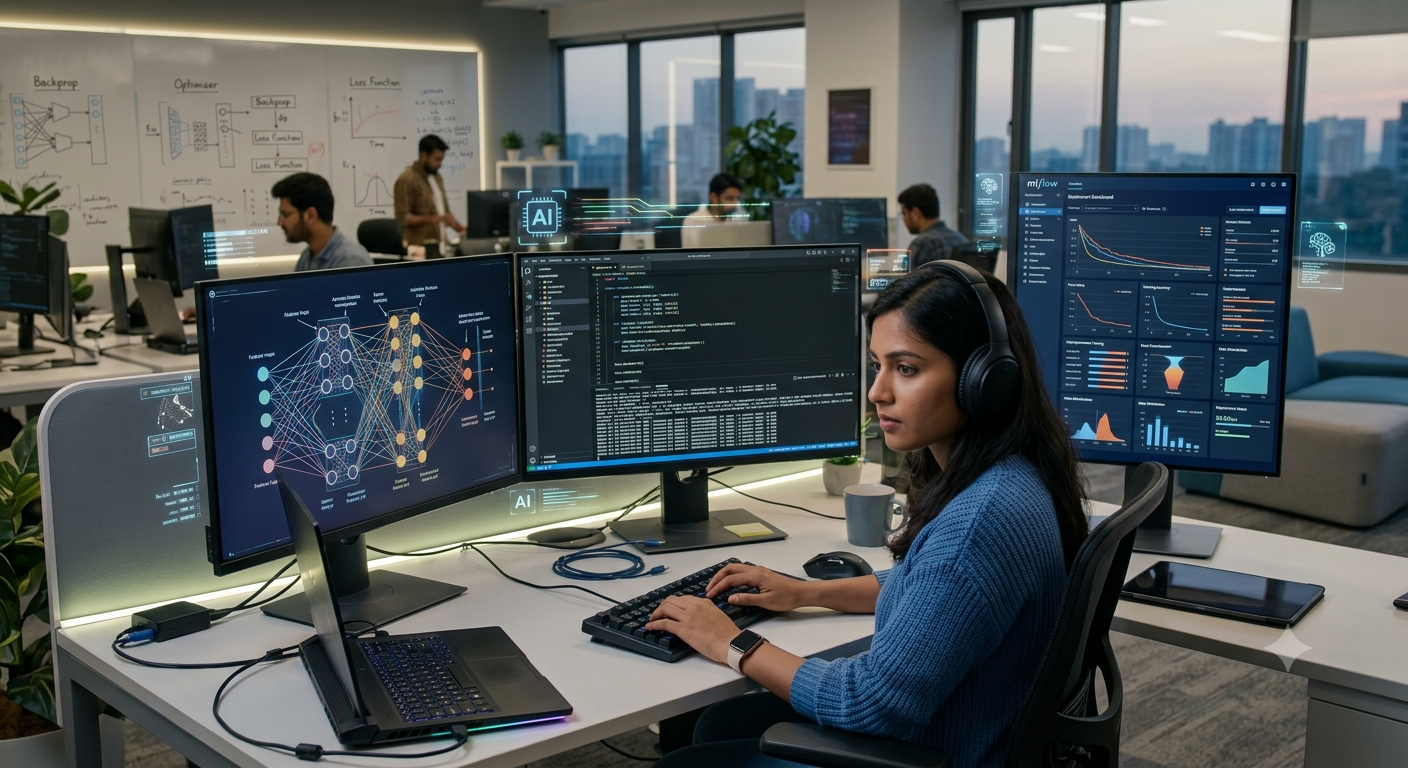 Machine Learning Engineer analyzing training data, neural network models, and predictive analytics on multiple monitors in a modern technology workspace.